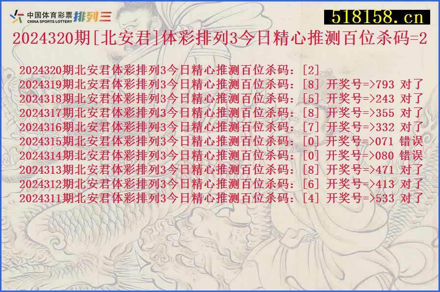 2024320期[北安君]体彩排列3今日精心推测百位杀码=2