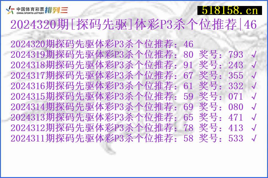 2024320期[探码先驱]体彩P3杀个位推荐|46