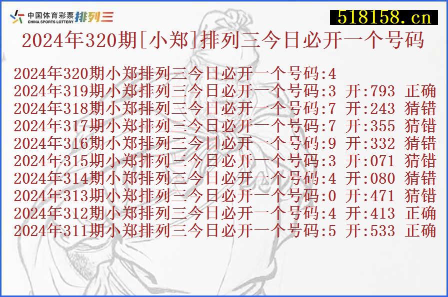 2024年320期[小郑]排列三今日必开一个号码