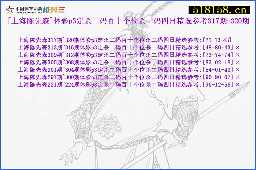 [上海陈先森]体彩p3定杀二码百十个位杀二码四日精选参考317期-320期