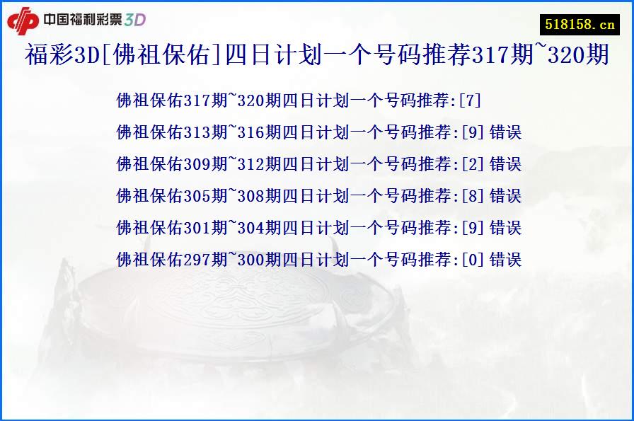 福彩3D[佛祖保佑]四日计划一个号码推荐317期~320期