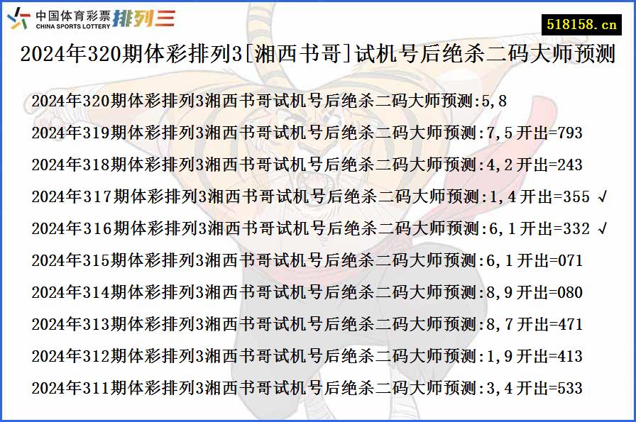 2024年320期体彩排列3[湘西书哥]试机号后绝杀二码大师预测