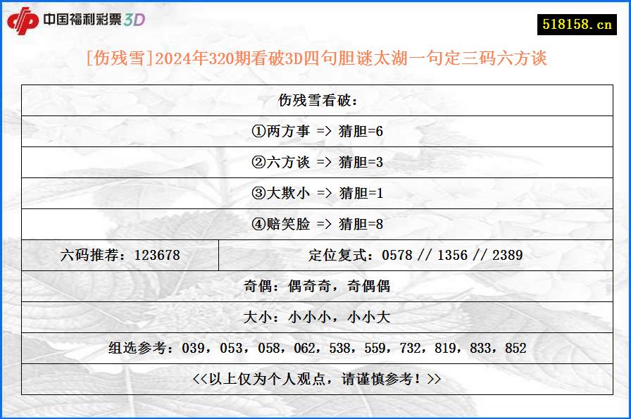 [伤残雪]2024年320期看破3D四句胆谜太湖一句定三码六方谈