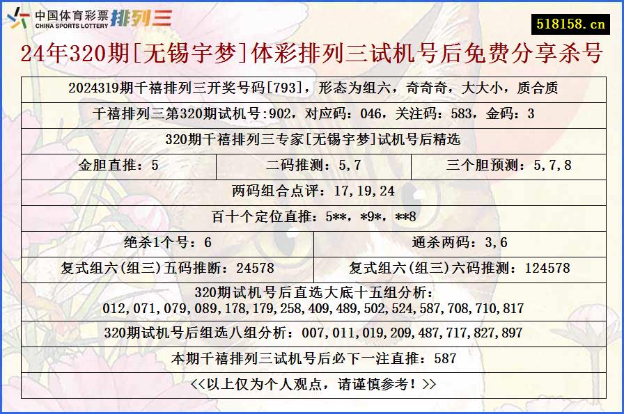 24年320期[无锡宇梦]体彩排列三试机号后免费分享杀号