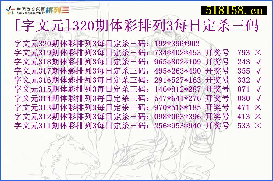 [字文元]320期体彩排列3每日定杀三码