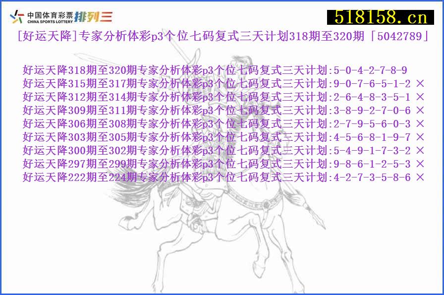 [好运天降]专家分析体彩p3个位七码复式三天计划318期至320期「5042789」