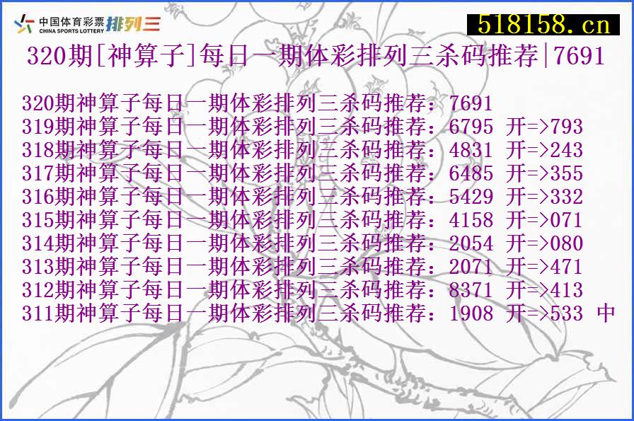 320期[神算子]每日一期体彩排列三杀码推荐|7691