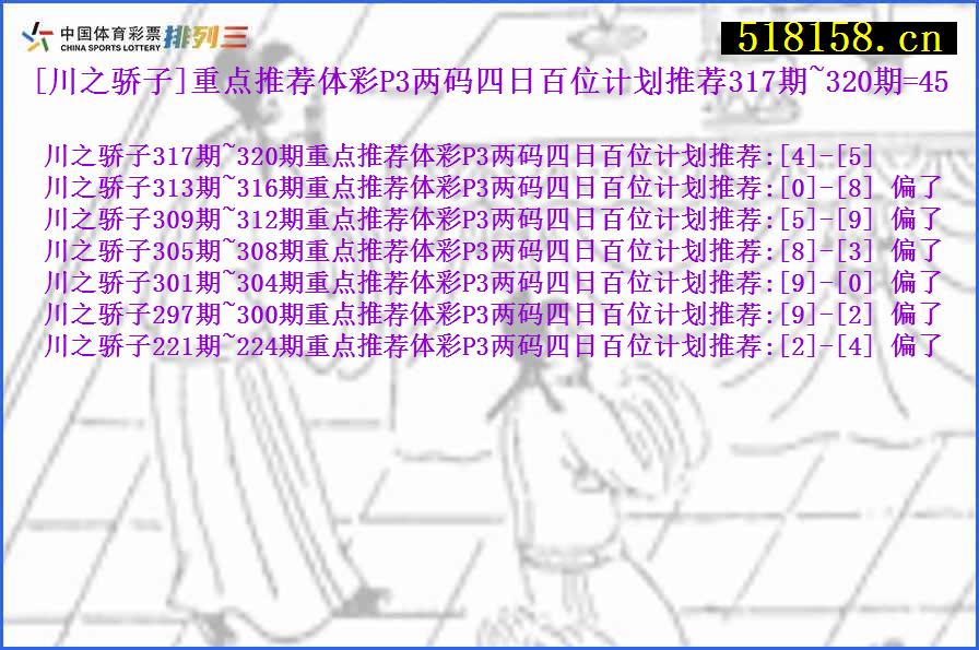 [川之骄子]重点推荐体彩P3两码四日百位计划推荐317期~320期=45