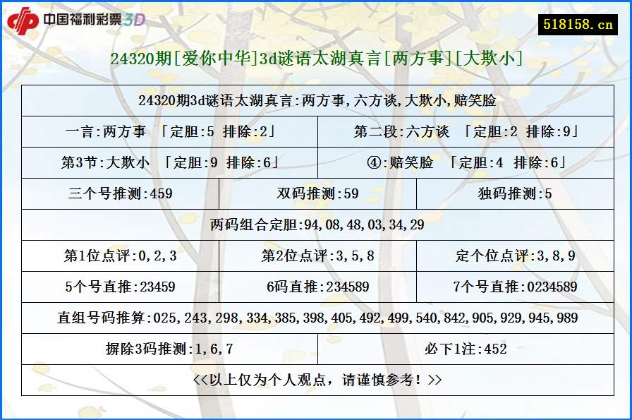 24320期[爱你中华]3d谜语太湖真言[两方事][大欺小]