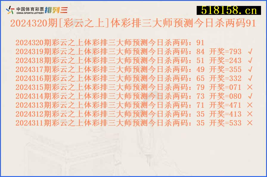 2024320期[彩云之上]体彩排三大师预测今日杀两码91