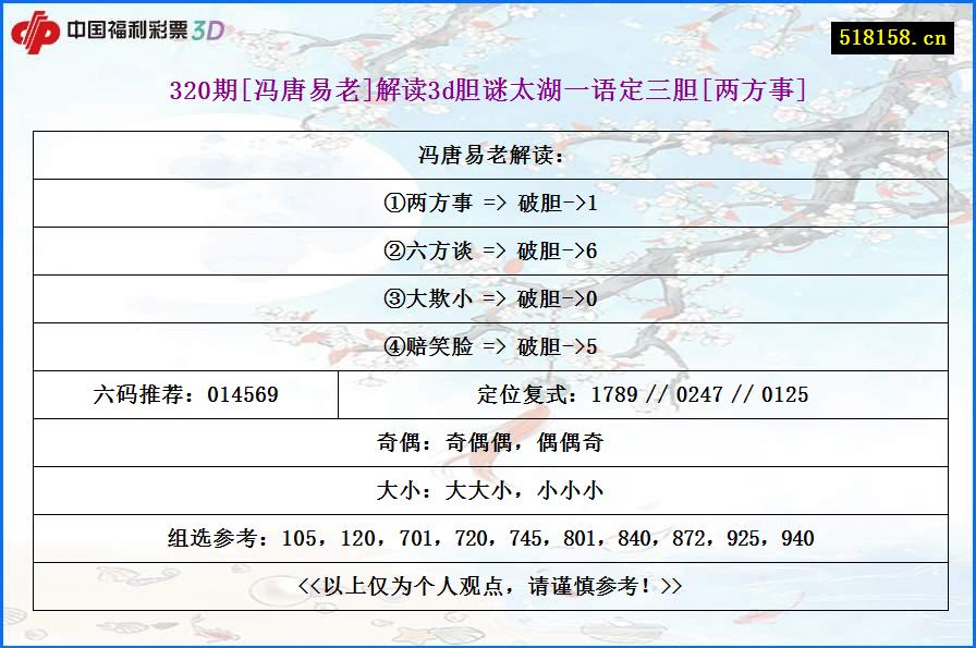 320期[冯唐易老]解读3d胆谜太湖一语定三胆[两方事]