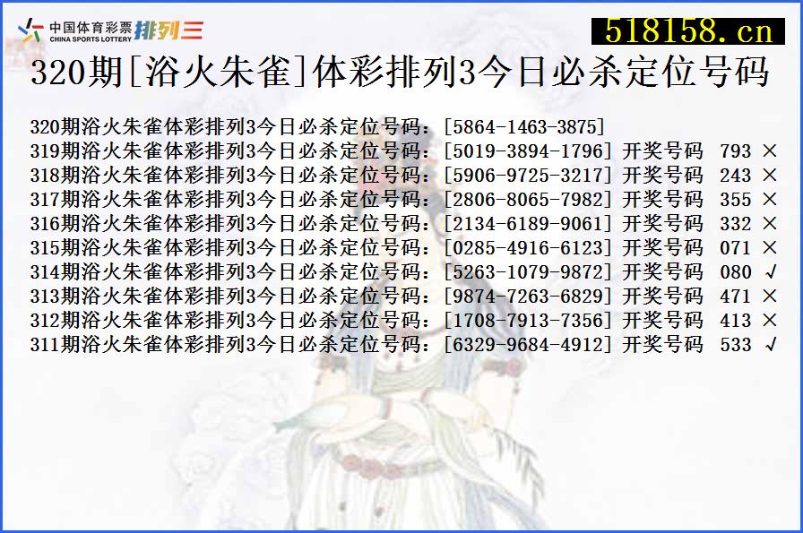 320期[浴火朱雀]体彩排列3今日必杀定位号码