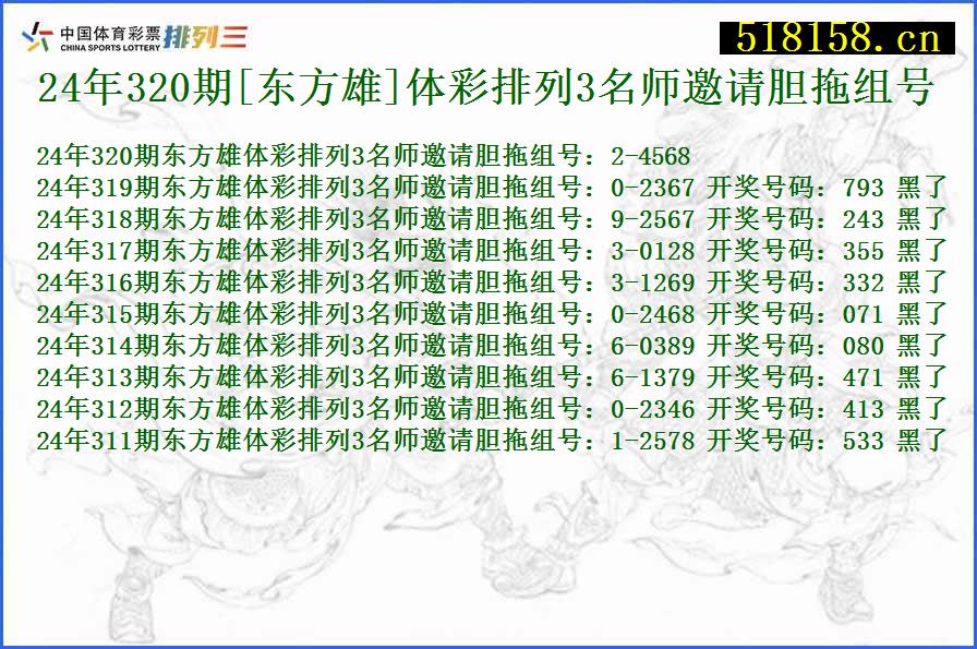 24年320期[东方雄]体彩排列3名师邀请胆拖组号