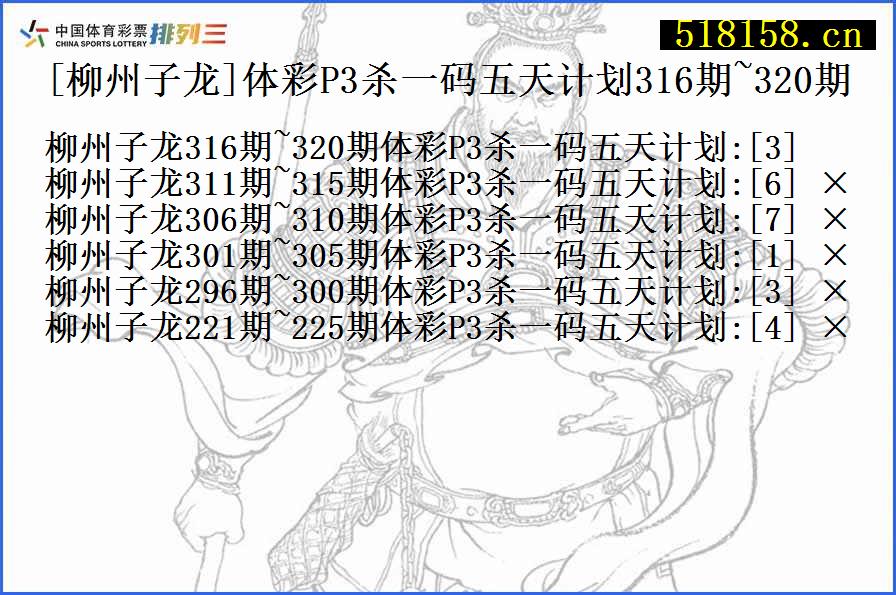 [柳州子龙]体彩P3杀一码五天计划316期~320期