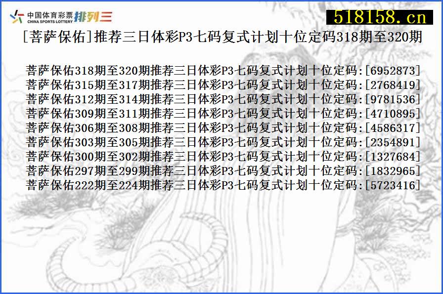 [菩萨保佑]推荐三日体彩P3七码复式计划十位定码318期至320期