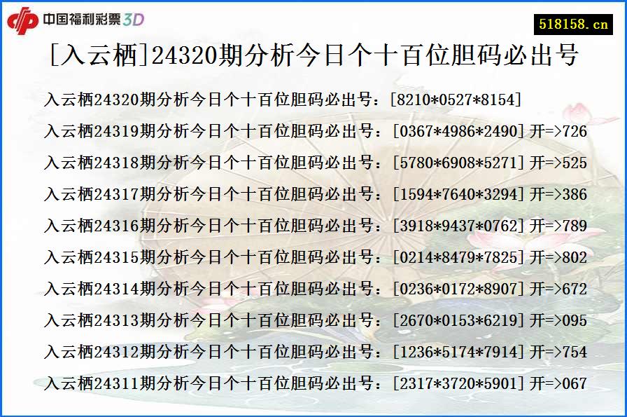 [入云栖]24320期分析今日个十百位胆码必出号