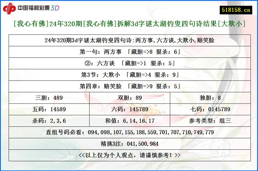 [我心有佛]24年320期[我心有佛]拆解3d字谜太湖钓叟四句诗结果[大欺小]