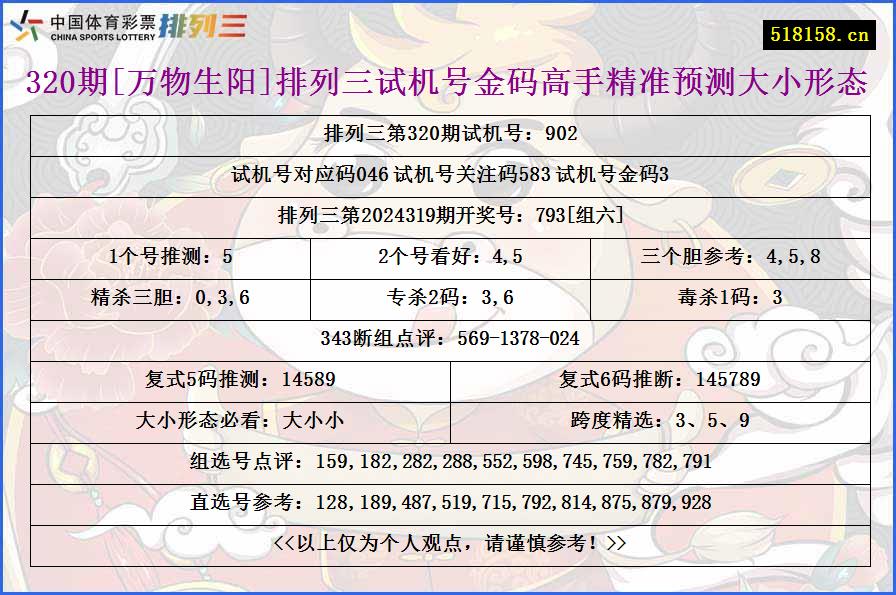 320期[万物生阳]排列三试机号金码高手精准预测大小形态