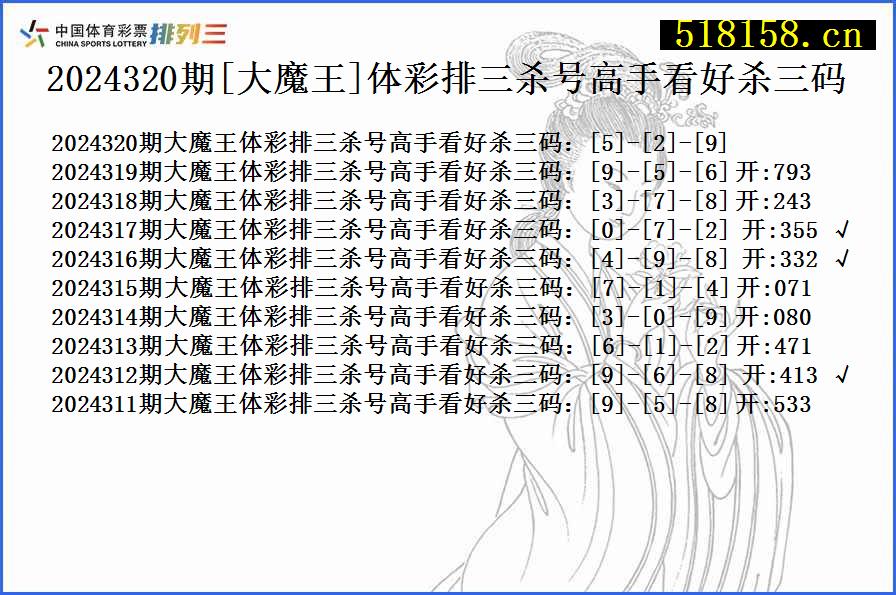 2024320期[大魔王]体彩排三杀号高手看好杀三码