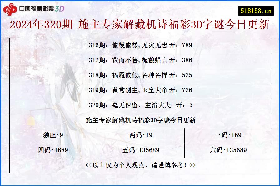 2024年320期 施主专家解藏机诗福彩3D字谜今日更新