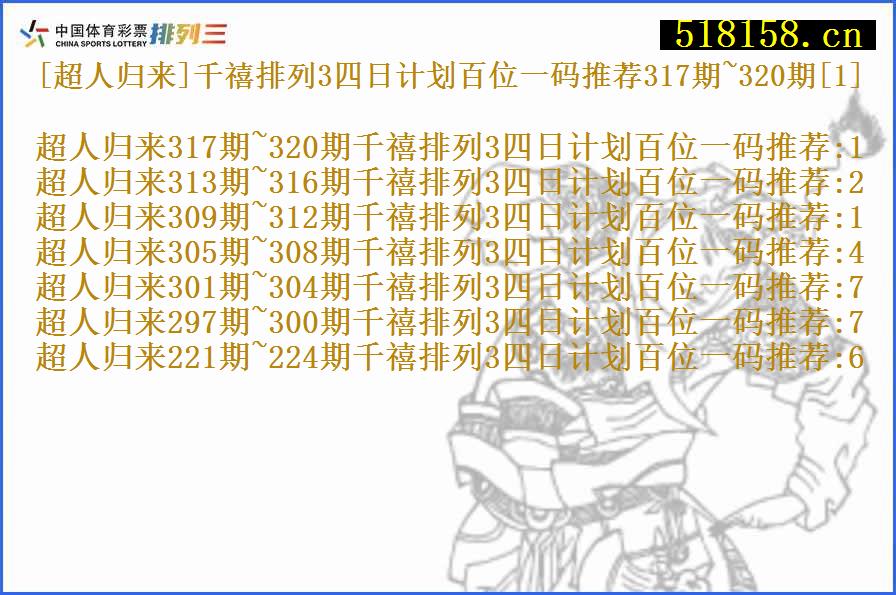 [超人归来]千禧排列3四日计划百位一码推荐317期~320期[1]