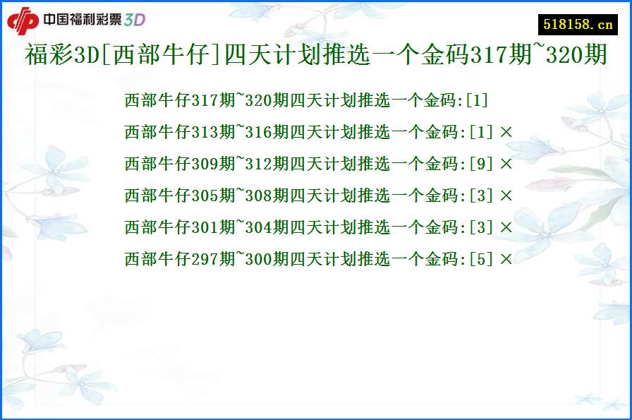 福彩3D[西部牛仔]四天计划推选一个金码317期~320期