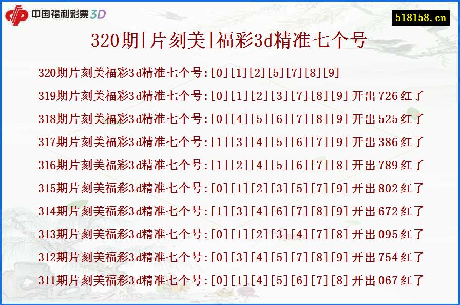 320期[片刻美]福彩3d精准七个号