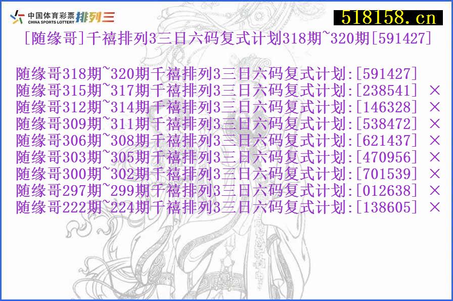 [随缘哥]千禧排列3三日六码复式计划318期~320期[591427]