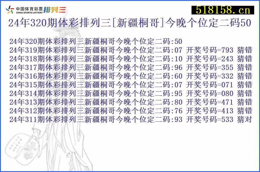 24年320期体彩排列三[新疆桐哥]今晚个位定二码50