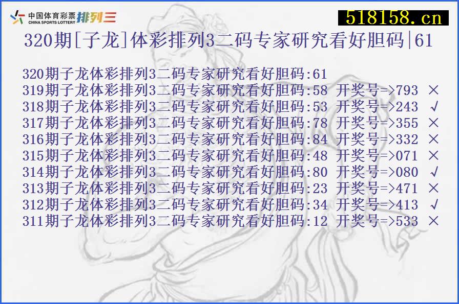 320期[子龙]体彩排列3二码专家研究看好胆码|61