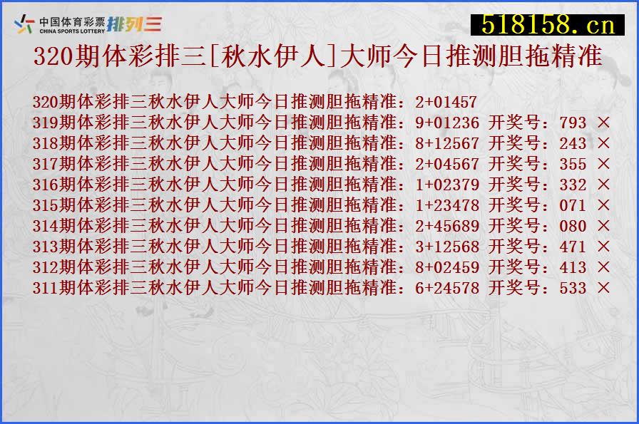 320期体彩排三[秋水伊人]大师今日推测胆拖精准