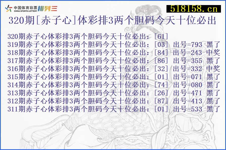 320期[赤子心]体彩排3两个胆码今天十位必出