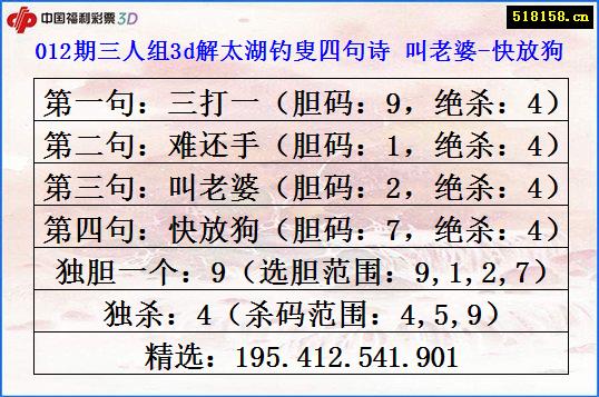 012期三人组3d解太湖钓叟四句诗 叫老婆-快放狗