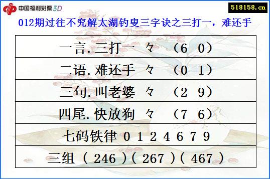012期过往不究解太湖钓叟三字诀之三打一，难还手
