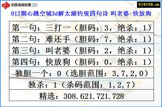 012期心跳空城3d解太湖钓叟四句诗 叫老婆-快放狗