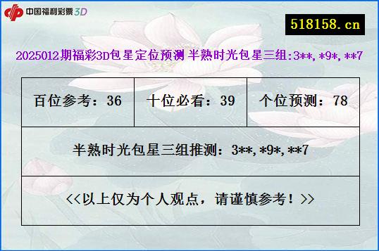 2025012期福彩3D包星定位预测 半熟时光包星三组:3**,*9*,**7