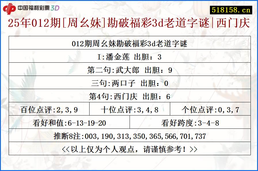 25年012期[周幺妹]勘破福彩3d老道字谜|西门庆