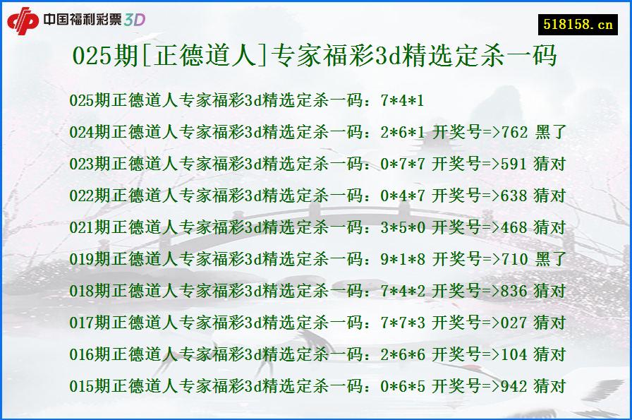 025期[正德道人]专家福彩3d精选定杀一码