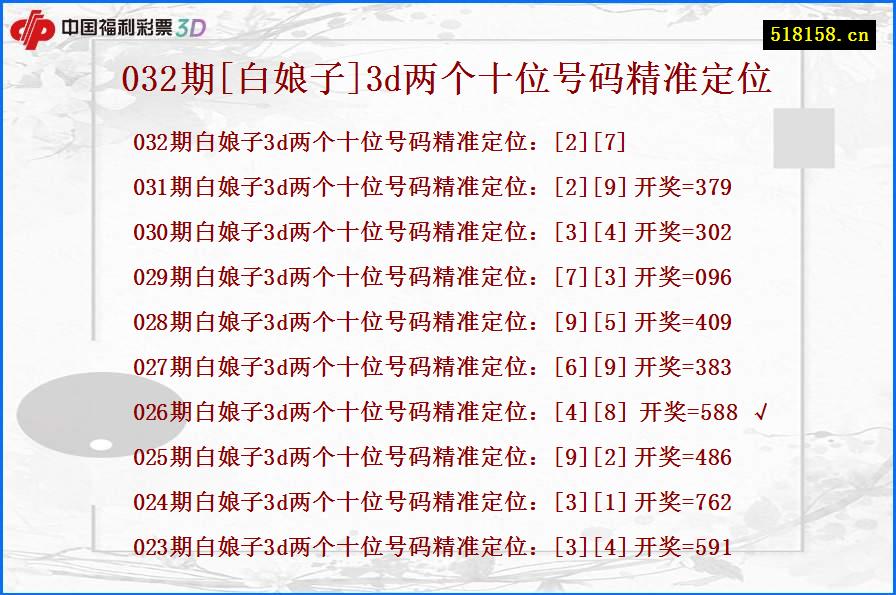 032期[白娘子]3d两个十位号码精准定位