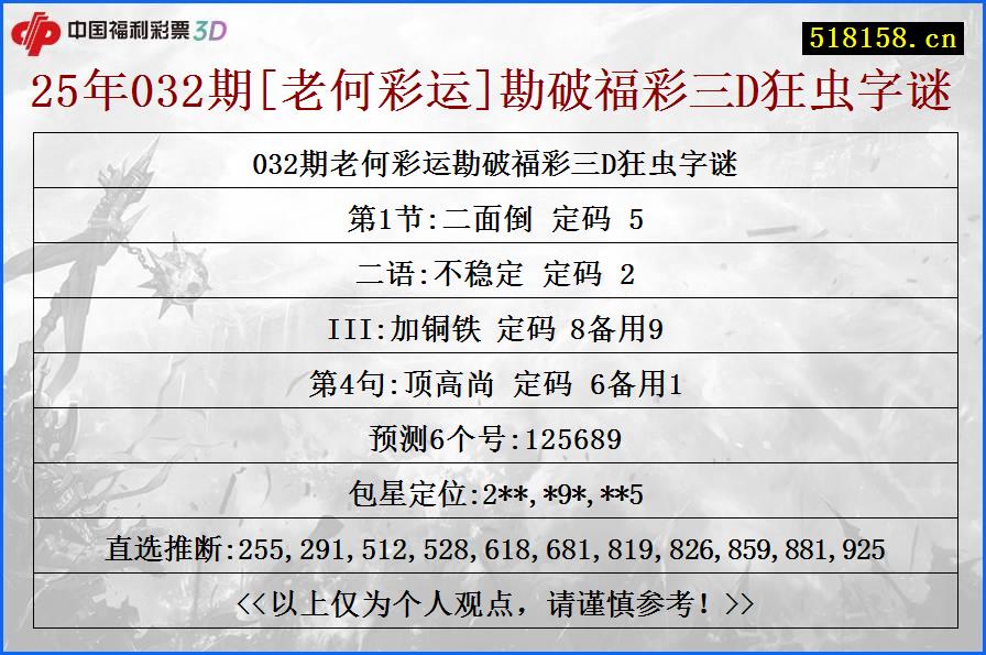 25年032期[老何彩运]勘破福彩三D狂虫字谜