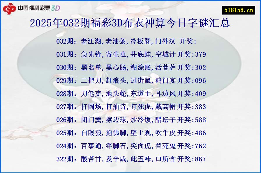 2025年032期福彩3D布衣神算今日字谜汇总
