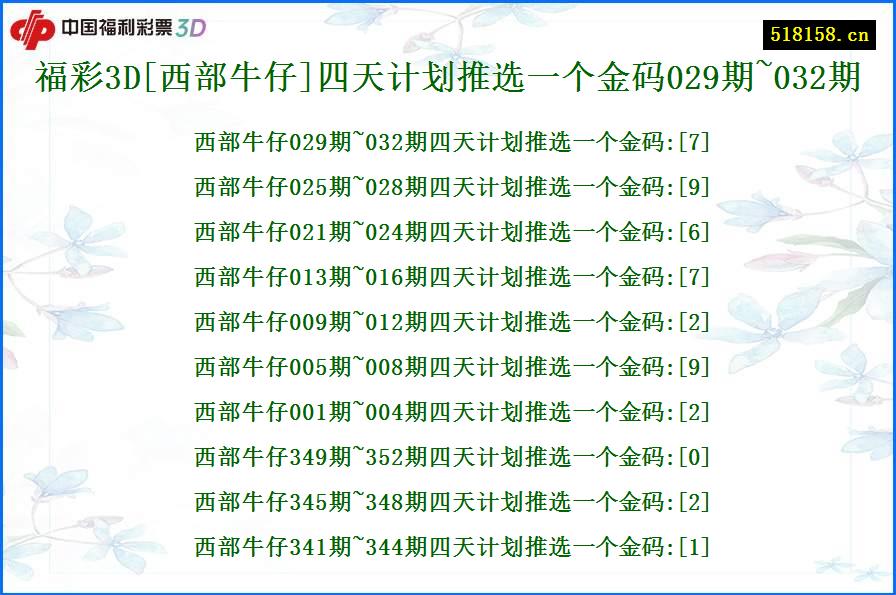 福彩3D[西部牛仔]四天计划推选一个金码029期~032期