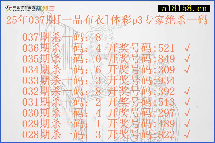 25年037期[一品布衣]体彩p3专家绝杀一码