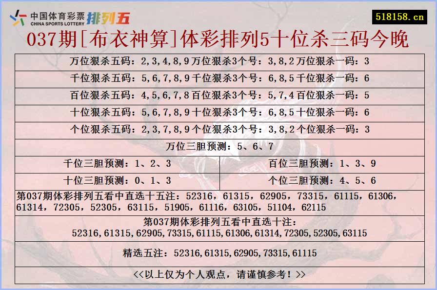 037期[布衣神算]体彩排列5十位杀三码今晚