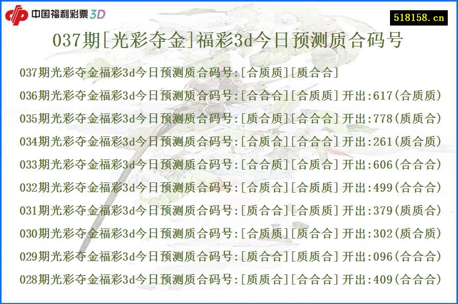 037期[光彩夺金]福彩3d今日预测质合码号