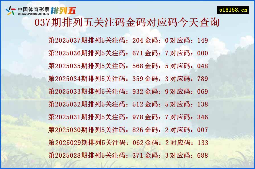 037期排列五关注码金码对应码今天查询