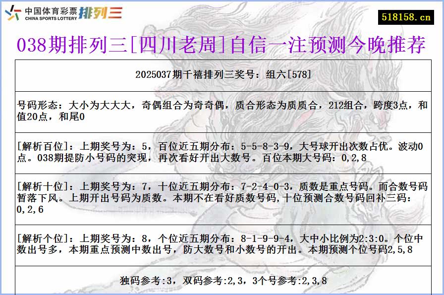 038期排列三[四川老周]自信一注预测今晚推荐
