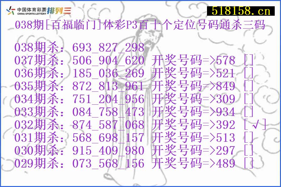 038期[百福临门]体彩P3百十个定位号码通杀三码