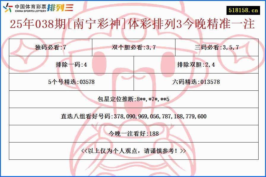 25年038期[南宁彩神]体彩排列3今晚精准一注