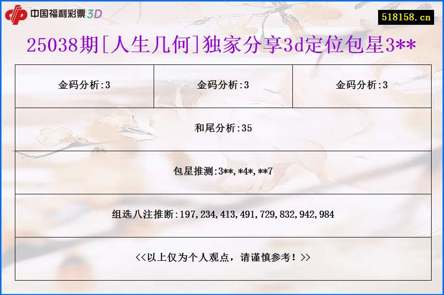 25038期[人生几何]独家分享3d定位包星3**